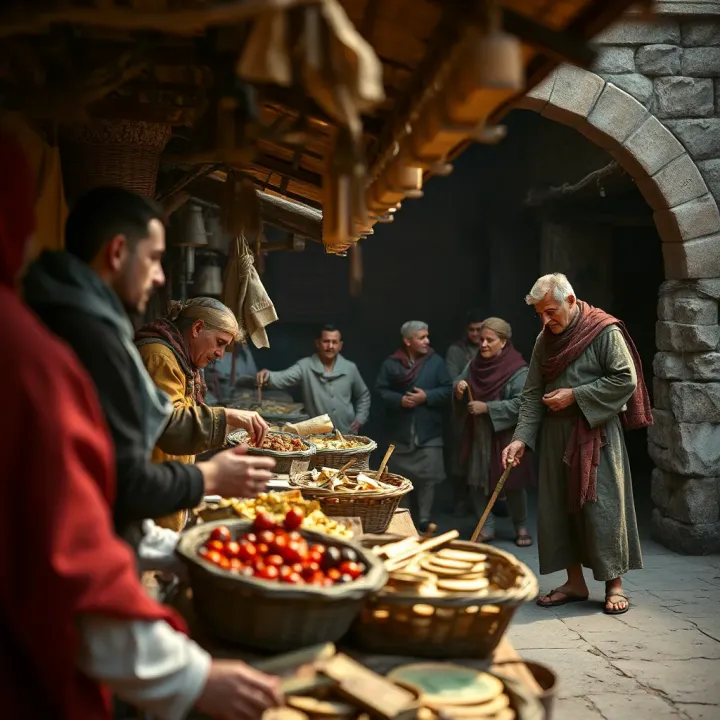 Ancient trade scene illustrating early currency exchange and barter systems in historical market