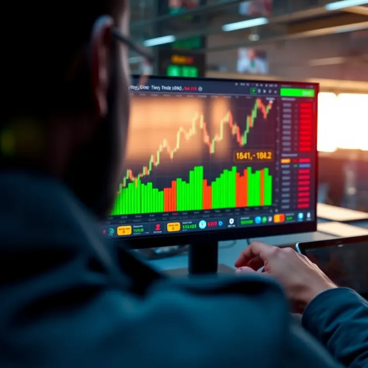 Digital interface displaying binary option trading platform with clear metrics