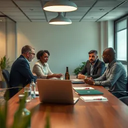 Collaborative Compliance Strategy Meeting Business professionals discussing regulatory compliance strategies in an office setting