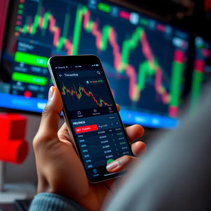 Mobile phone displaying a binary trading app interface with charts and trading options