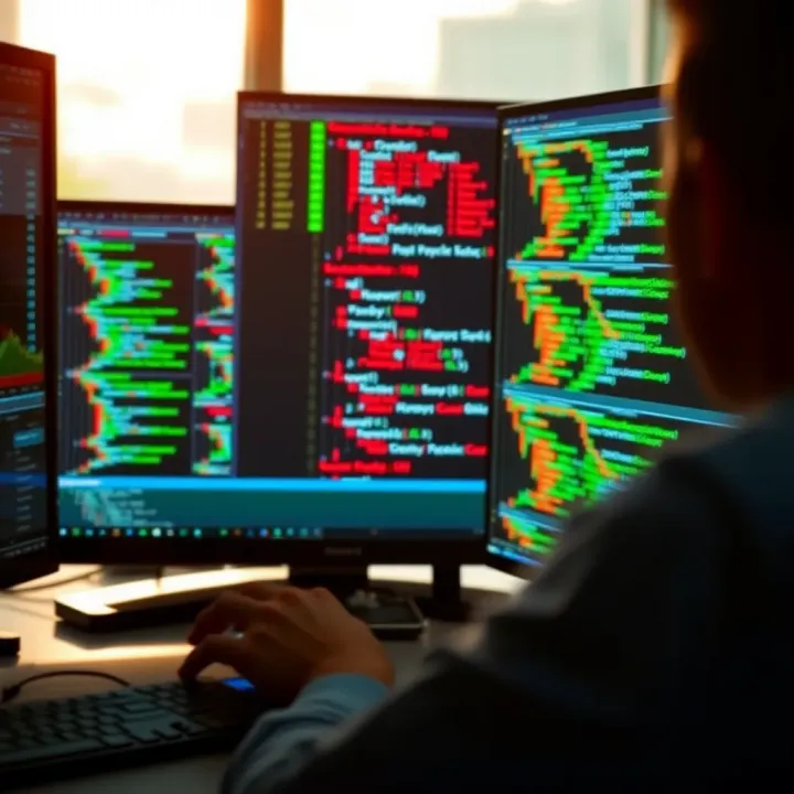 Visualization of binary data being analyzed with software tools showing code and data streams