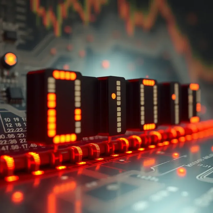 Visual representation of binary digits forming digital data on a circuit board background