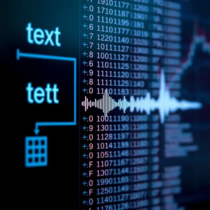 Conceptual diagram showing different data types like text, sound waves, and pixels converted into binary code