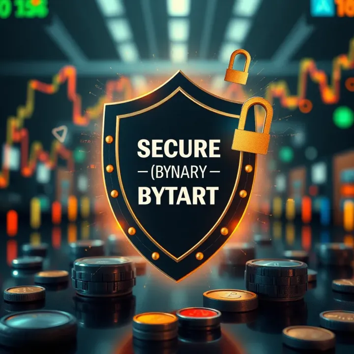 Conceptual graphic showing secure trading with shield and financial symbols representing safe binary options trading