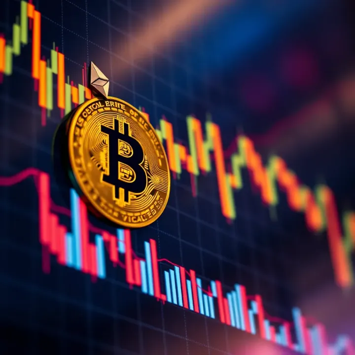 Digital graph showing cryptocurrency price fluctuations with Bitcoin and Ethereum symbols