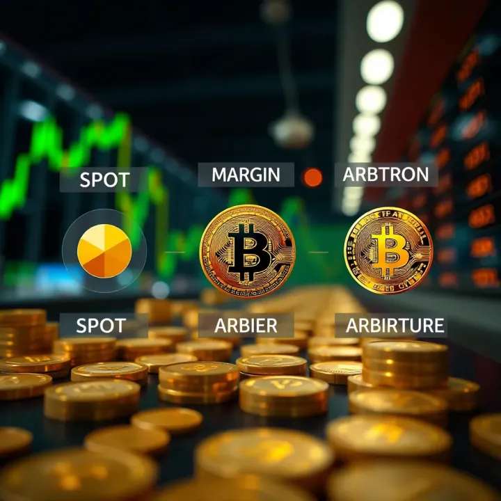 Visual representation of various cryptocurrency trading methods including spot, margin, and arbitrage depicted with icons