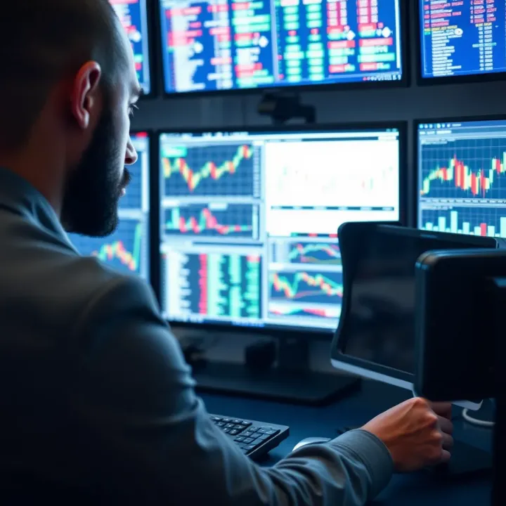 Analyzing Forex Charts and Market Data Trader analyzing forex charts and market data on multiple monitors