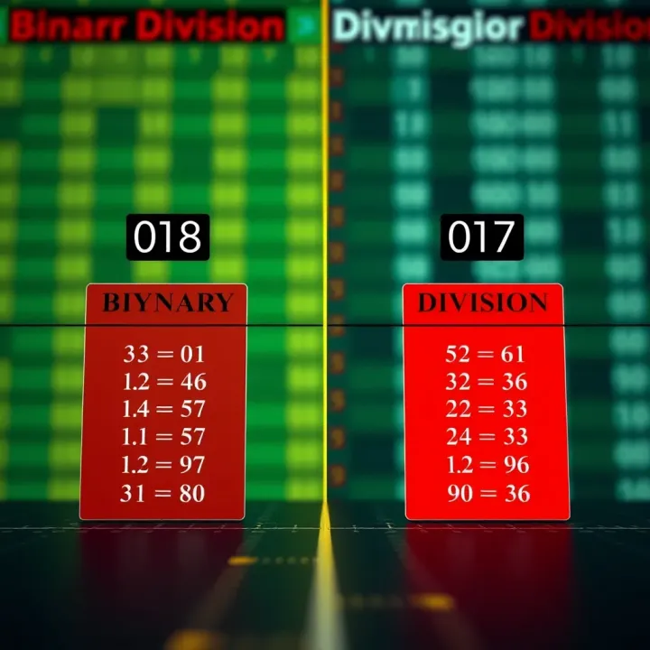 Comparison chart showing binary division aligned with decimal division methods for clarity