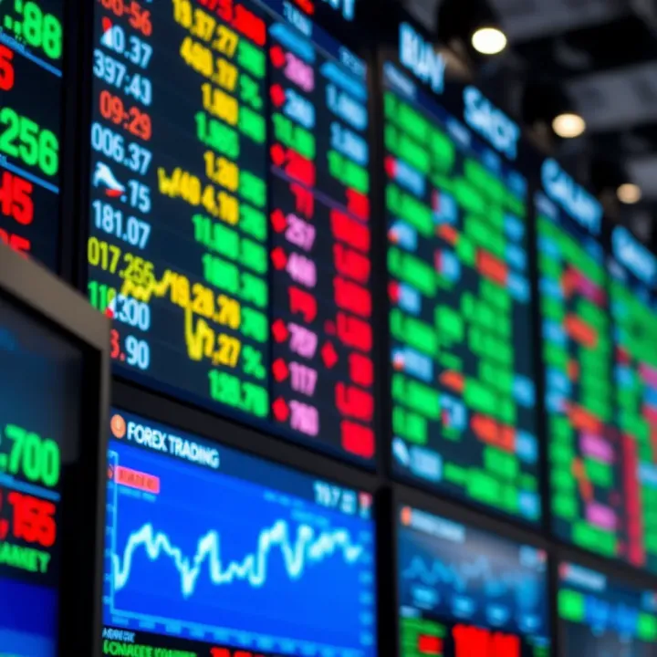 Global currency exchange rates displayed on digital screens symbolizing forex market activity