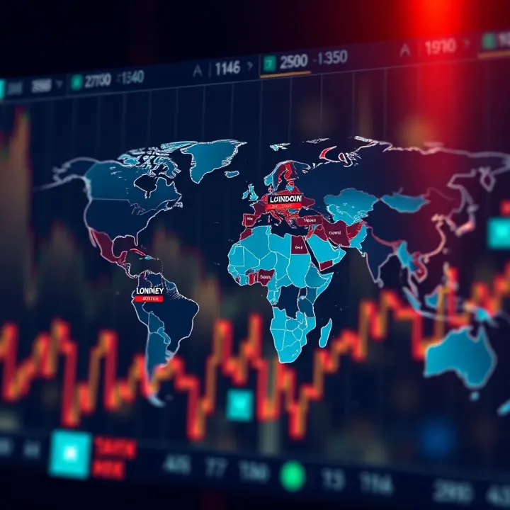 World map highlighting major forex trading sessions including London, New York, Tokyo, and Sydney markets