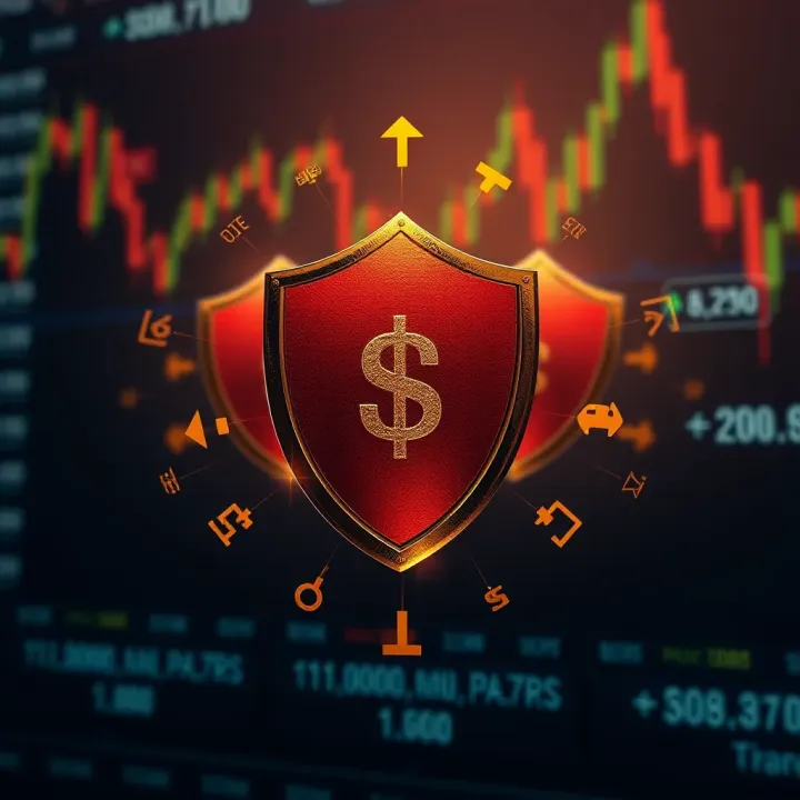 Conceptual illustration of risk management strategies in forex trading featuring protective shields and market symbols